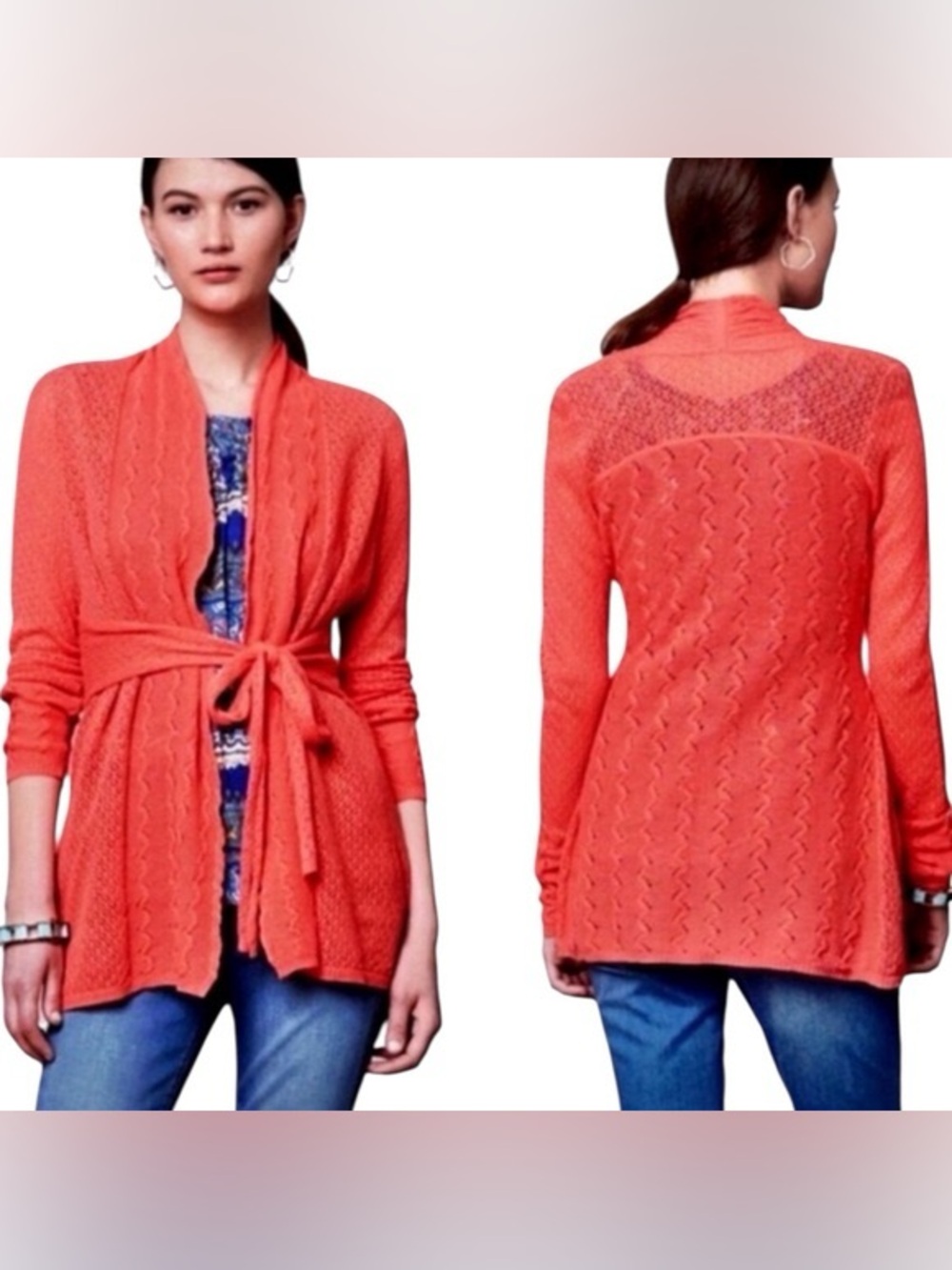 Anthropologie Knitted & Knotted Cosette Coral Linen Blend Cardigan XS